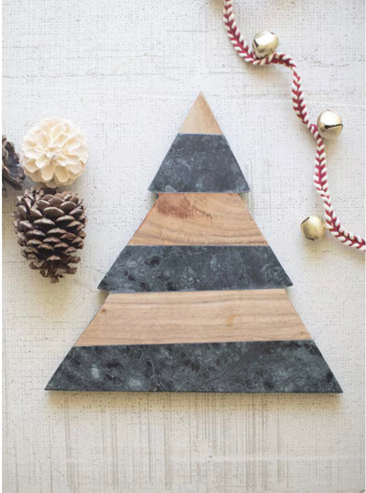 Green Marble and Acacia Wood Christmas Tree Cutting Board
