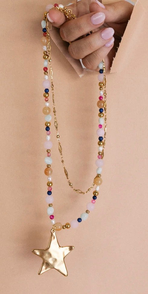 Ziggy Star Layered Necklace - Pink