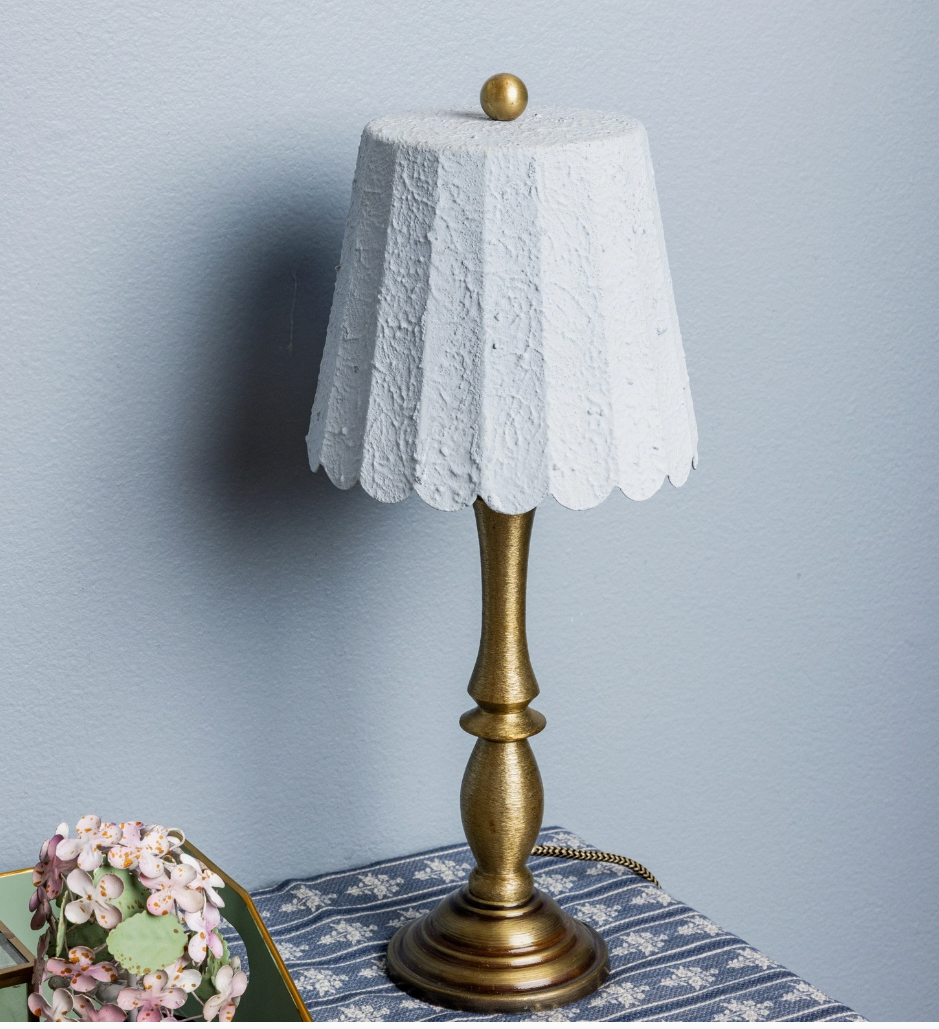 Brass Table Lamp With Scalloped Blue Metal Shade