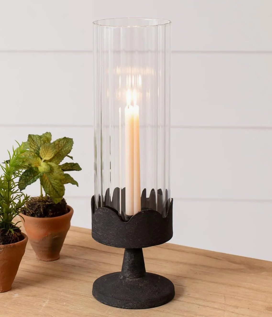 Candle Holder - Dark Pedestal Base, Glass Cylinder
