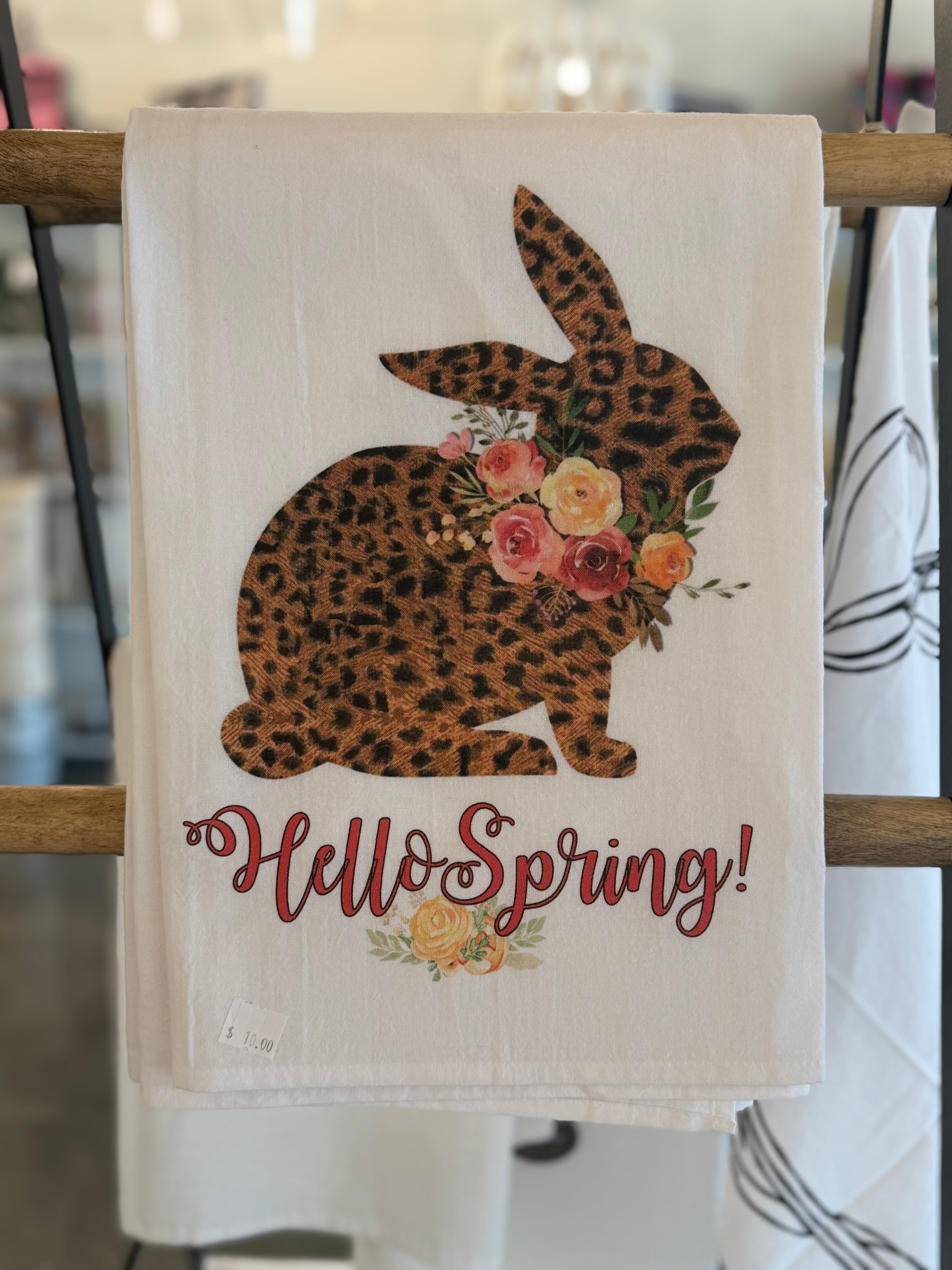 Hello Spring Leopard Bunny Tea Towel