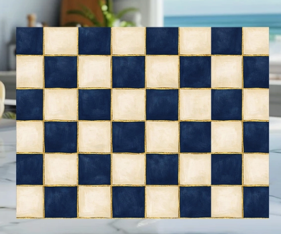 Navy, White and Gold Checkered Glass Cutting Board